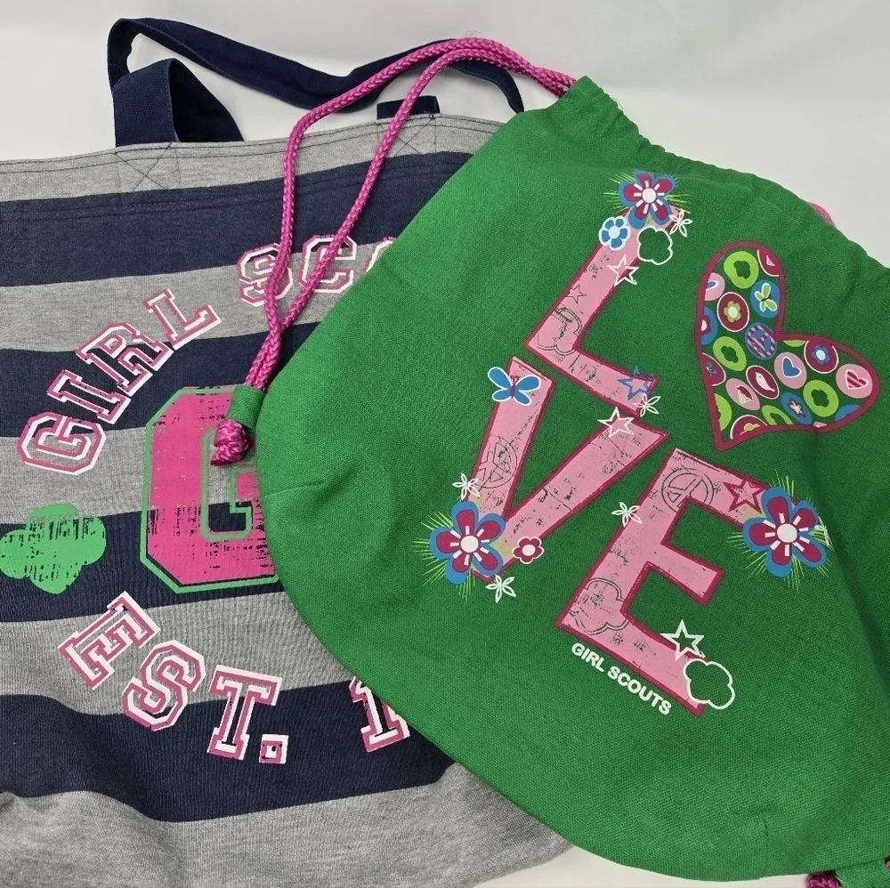 GIRL SCOUTS LOT OF 2 TOTE BAG & BACKPACK GREEN & PINK COTTON BLEND BRIDGING GIFT